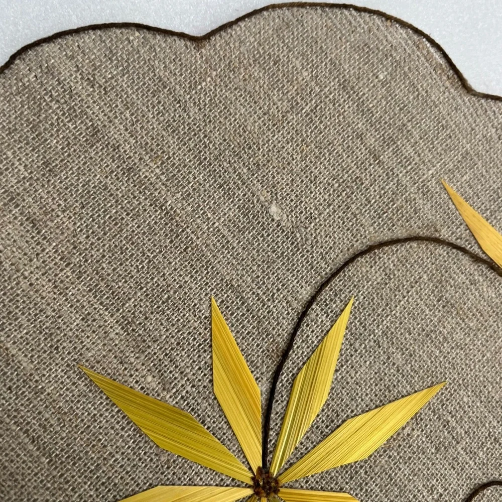 Vintage 7 pc Burlap Placemat Set Bamboo Flower Appliqué Handmade Boho Table Rare